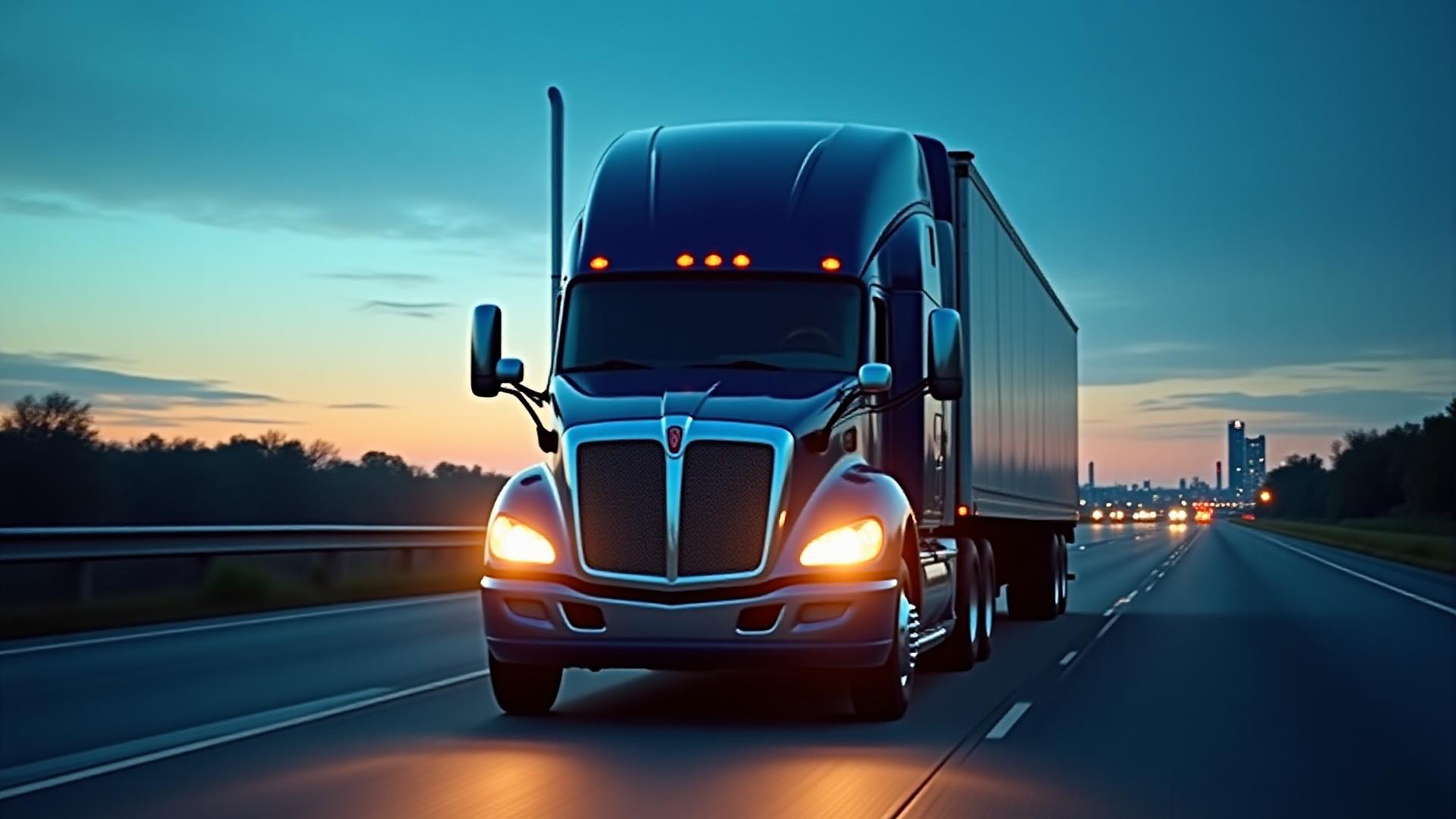 Modern Gilyards heavy-duty truck navigating a highway at sunrise, representing 24/7 logistics excellence