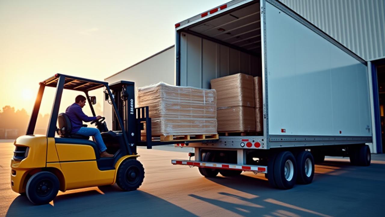 Forklift loading palletized freight into a partially filled Gilyards transport trailer