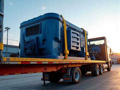 Flatbed truck hauling heavy equipment